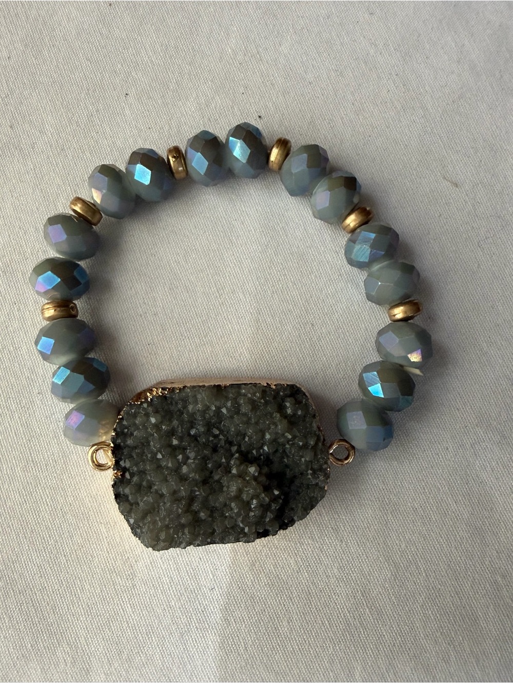 Gray Druzy Statement Stretch Bracelet Iridescent Faceted Beads Gold Accents